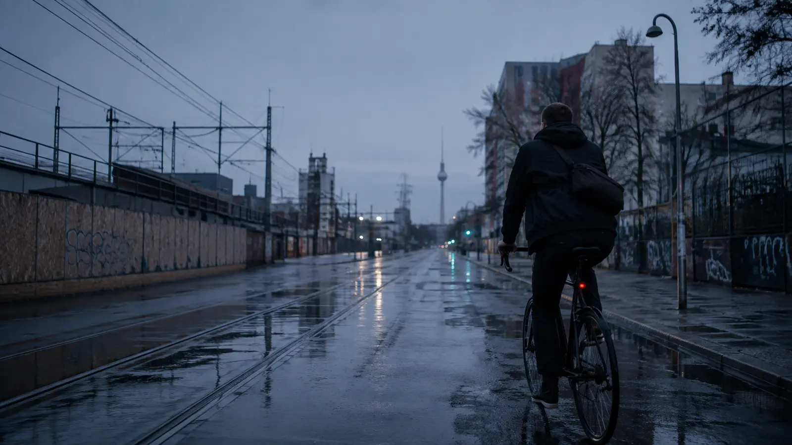 A lone cyclist riding away down a wet, empty city street at dawn.
